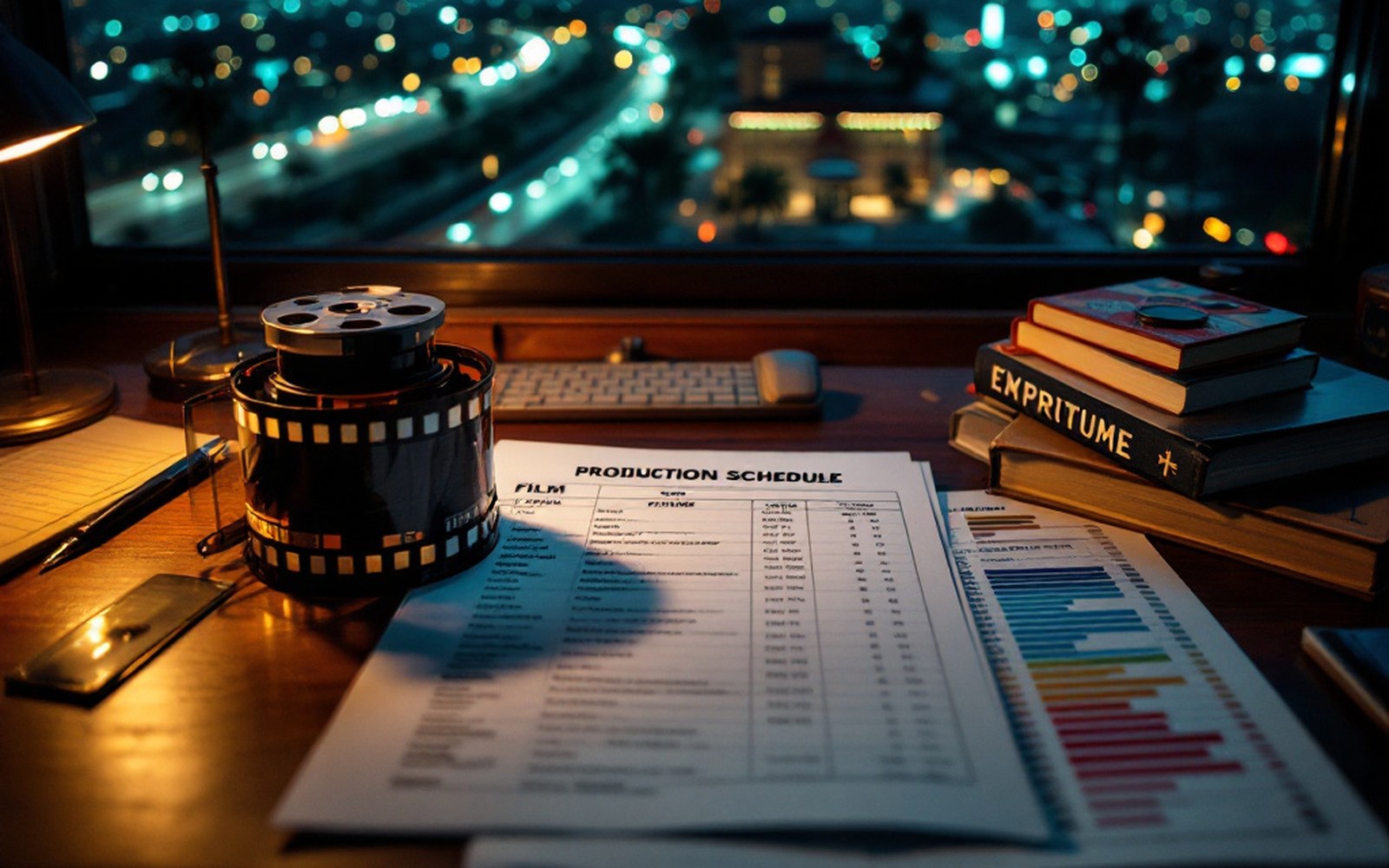 A film canister and a shooting schedule on a production office desk