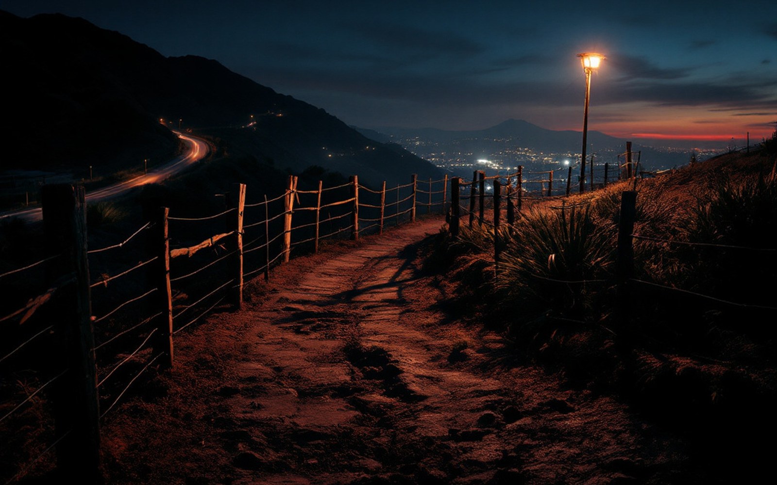A wooden corral fence on a dark hillside with a single light